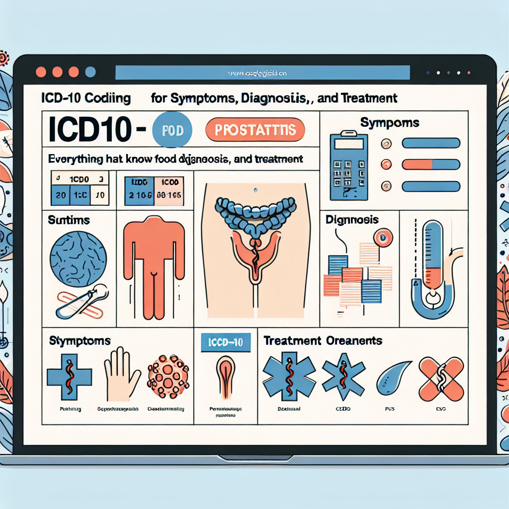 Инфографика о кодировании ICD-10 для простатита, включающая симптомы, диагностику и методы лечения