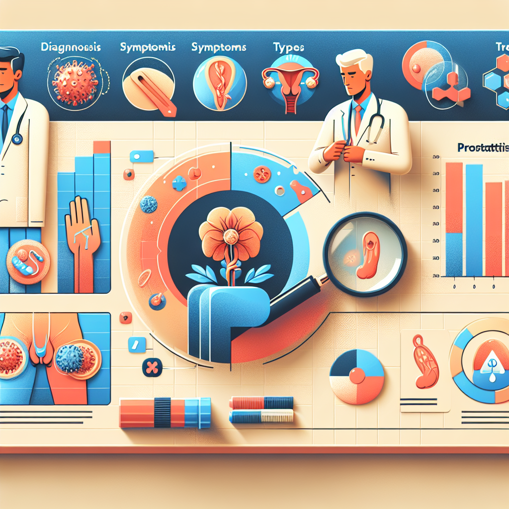 Изображение, иллюстрирующее методы диагностики и лечения различных типов простатита, включая бактериальный и хронический простатит, а также рекомендации по образу жизни.