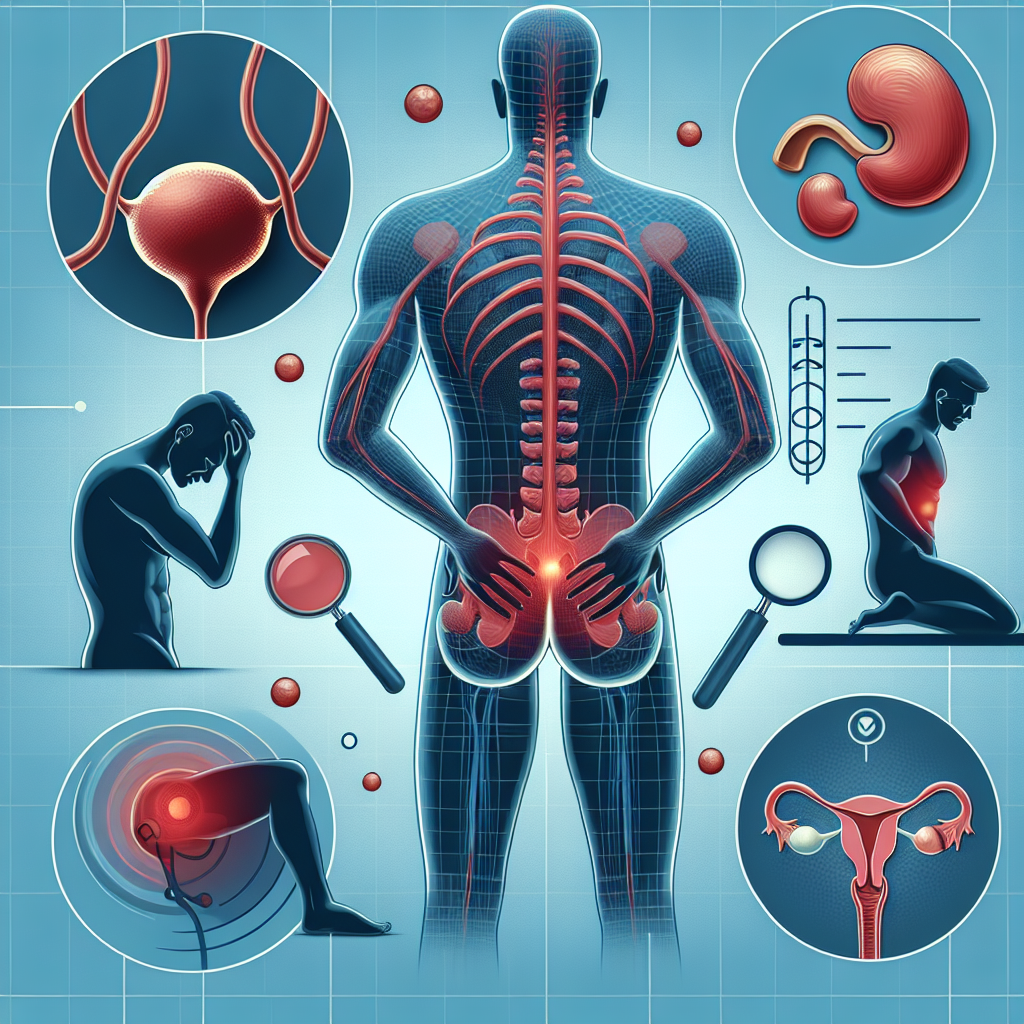 Изображение взаимосвязи между простатитом и болями в нижней части спины, включая схематическое расположение простаты.